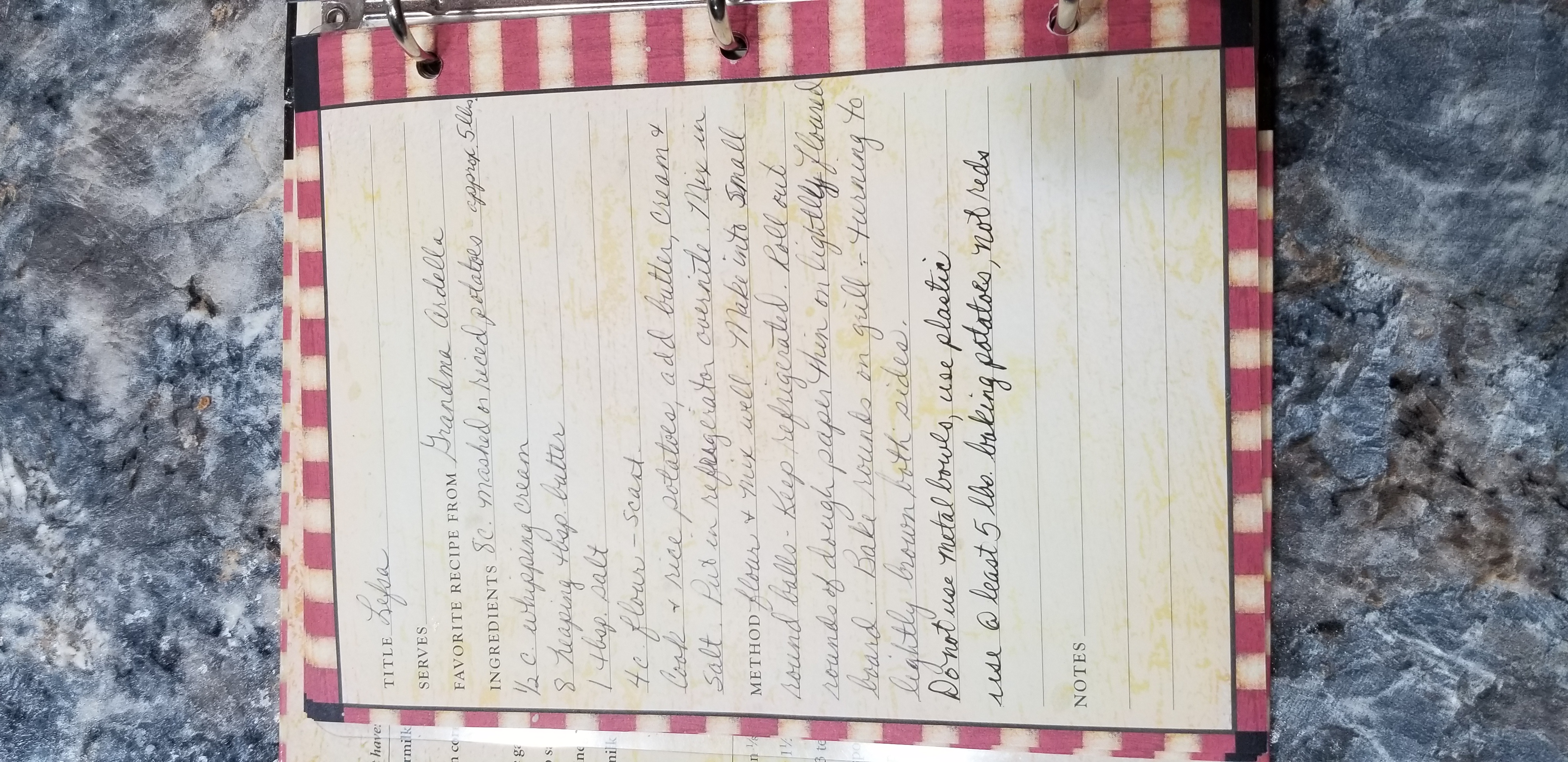 Lefse recipe written on a recipe card in cursive.