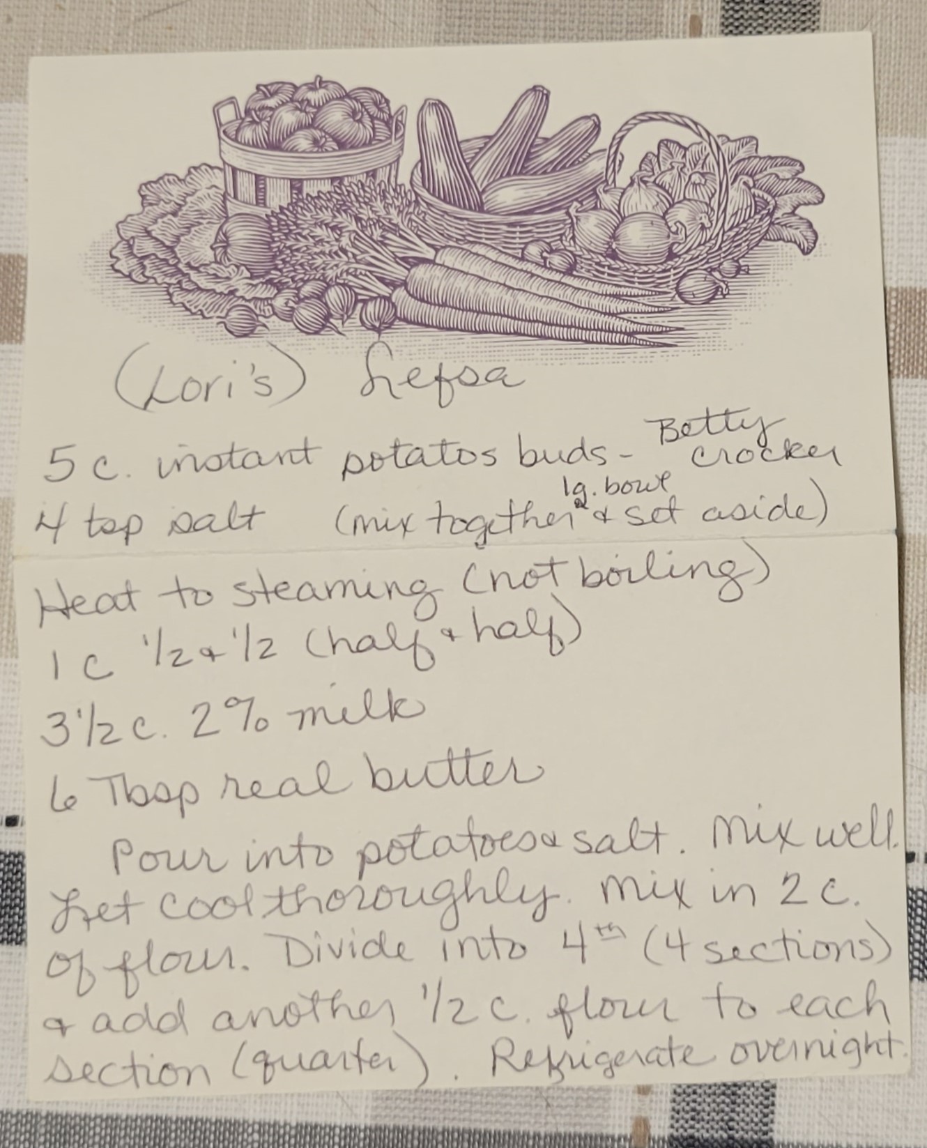 Lefse recipe written down on a piece of paper in cursive