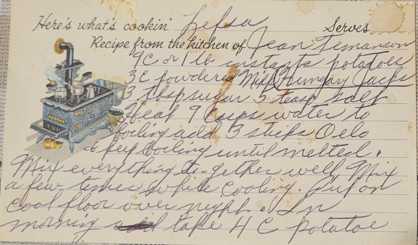 Lefse recipe written down on a notecard in cursive.