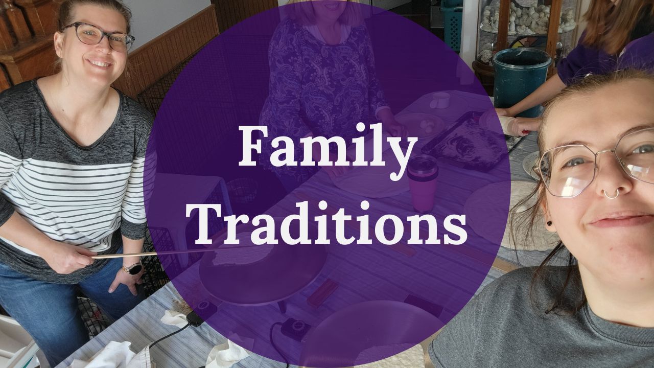 A purple circle reading Family Traditions in white text over a photo of myself, my mother, my sister, and my grandmother cooking lefse on the dining room table. On the table are the two lefse gridles, two rolling stones, two rolling pins, a cookie sheet of flour, and a few lefse paddles.