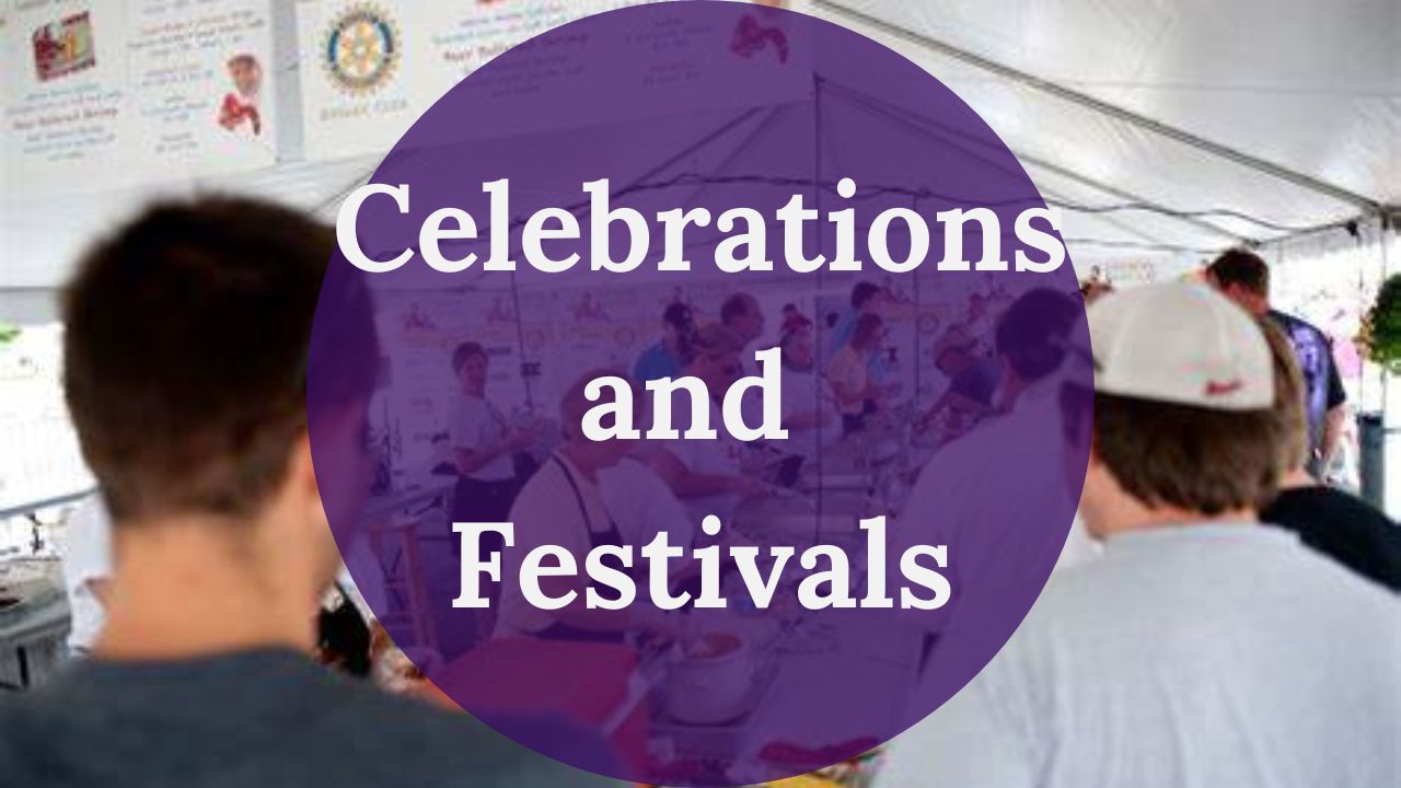 A purple circle reading Celebrations and Festivals in white text over a photo of a group of people in line under a white event tent.